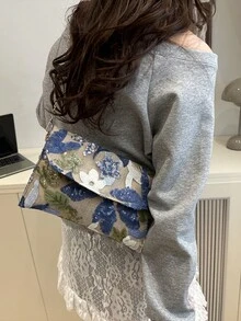 亮片刺繡花卉信封手拿包，女款時尚亮片拼接手提包，派對晚宴包，隨機剪裁，適合女性，完美搭配派對、婚禮、舞會，適配節日派對洋裝、晚禮服與亮片洋裝 - 藍色 - 查看 5