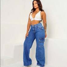 Women's Wide Leg Cargo Jeans High Waist - 藍色 - 查看 2