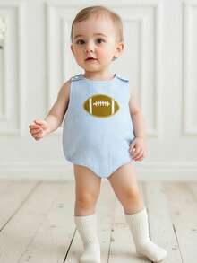 Newborn Football Outfit Baby Girl Boy Summer Romper Overalls Football Embroidery Stripe Print Sleeveless Round Neck Bodysuit Jumpsuit Summer Clothes - 藍色 - 查看 3