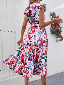 Elegante Vestido De Mujer Con Estampado Floral y Cuello En V, Mangas Volantes, Con Cinturón, Adecuado Para El Uso Diario - Rojo - Ver 2
