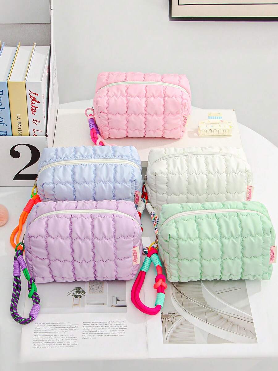 1 件马卡龙色化妆品收纳包儿童旅行化妆包柔软泡沫绗缝化妆收纳包大容量洗漱包带拉链时尚网格设计手拿包便携式手持化妆包带绳钥匙扣可爱零钱包儿童铅笔盒珠宝收纳包、唇油收纳包、指甲油收纳包、洗漱用品收纳包、钢笔收纳包极具吸引力的化妆包，适合上学和旅行 - 彩色 - 查看 1