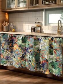 1pc Impressionist Painting Printed Cafe Curtain, Kitchen Doorway Decor Partition Curtain, Japanese Style Cloth Hanging, Year-Round Cabinet Valance Washstand Semi-Curtain, Dust Cover Curtain With No Drilling Required