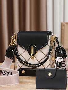 Stylish Women's Mini Crossbody Bag With Rivet Details, Multi-Layer Lightweight, Geometric Pattern, Black & White Design, Adjustable Shoulder Strap, Golden-Tone Hardware, Compact Square Bag For Everyday Use - Multicolor - View 1