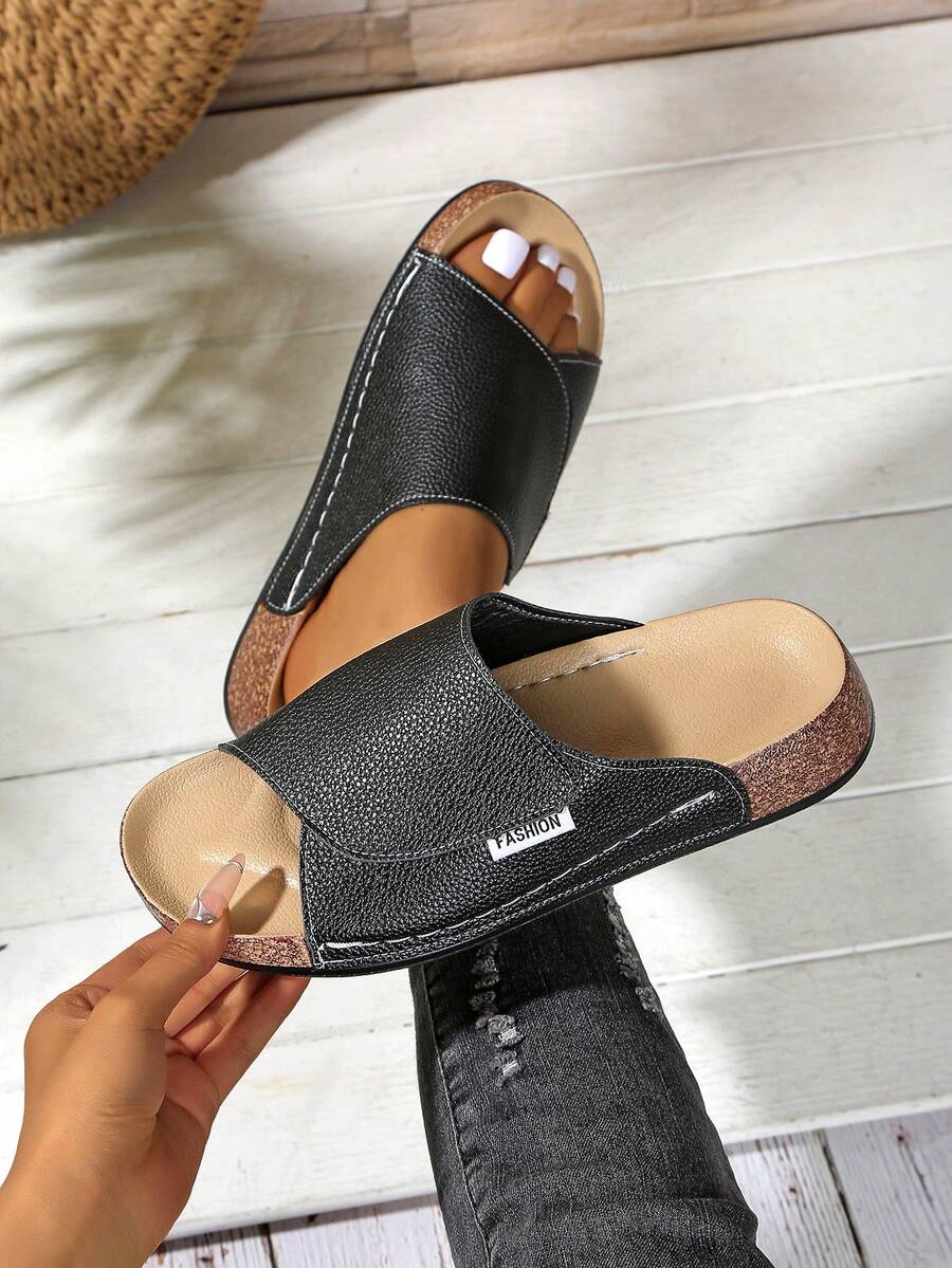 女士加大码坡跟凉鞋，夏季软底舒适钩环休闲交叉步行鞋底，新款跨境厚底露趾鞋 - 黑色 - 查看 1