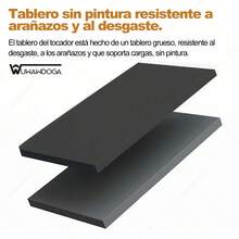Gran tocador con espejo iluminado deslizante y taburete, mesa de maquillaje con soporte para secador de pelo - Negro - Ver 8