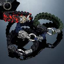 Pulsera vikinga de lobos de la mitología nórdica de Odín para hombres, de acero inoxidable trenzado con cuerda de paracaídas, runas vikingas y nudos celtas para joyas de exterior - Dorado - Ver 2
