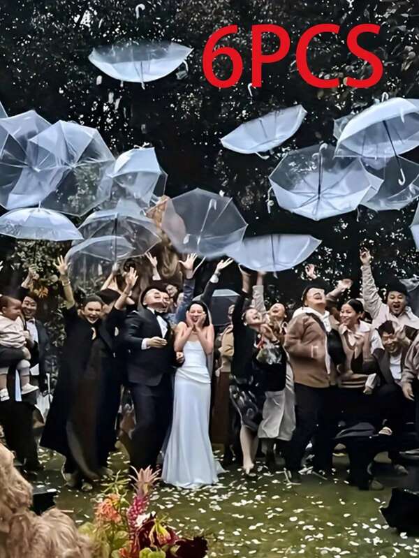6pcs Elegant Transparent Bride Wedding Umbrellas - Waterproof Bridal Shower & Bachelorette Party Photo Props, Suitable For Outdoor Ceremonies, Rainy Day Backup Umbrellas And Bridesmaid Gifts - Vintage Style Umbrellas