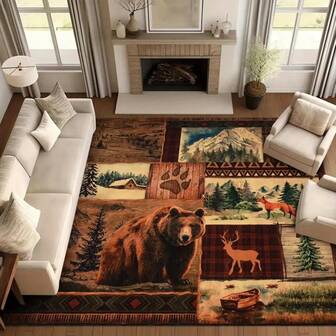 1pc Beautiful Vintage Art Farmhouse Style Rug, Fine Wool Blend, European Bear & Deer Patchwork Retro Pattern Rectangle Soft Non-Slip Area Carpet, Suitable For Outdoor, Entryway, Living Room, Bedroom, Laundry Room, Bathroom, Game Room, Machine Washable All Season Large Size Carpet, Home Decor