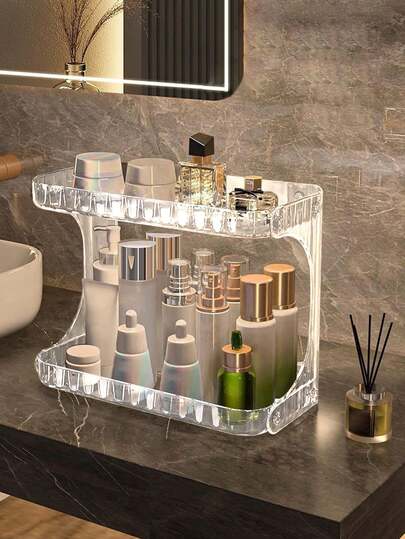 1 Set Transparent Tiered Bathroom Storage Rack, Suitable For Bathroom Storage, Skincare Products Placement, Double-Layer Bathroom Shelf, Home Bathroom Organization, Hotel Storage, Holding Toiletries, Desktop Skincare Organizer, Holding Bathing Supplies, Convenient Movable Bathroom Organizer. Suitable For Graduation Gifts, Bachelor Party Gifts, Bridesmaid Gifts, Father's Day Gifts