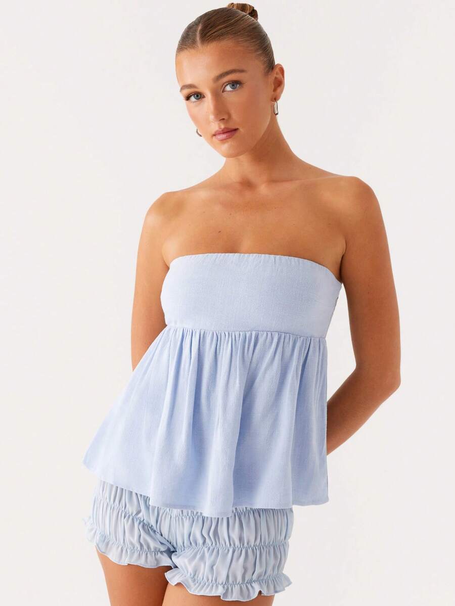 Women Summer Flowy Tube Top Y2k Solid Color Strapless Off The Shoulder Loose Fit Babydoll Bandeau Crop Tops Backless Sleeveless Going Out Tops Vests Shirts Casual Streetwear - Màu xanh lam - Xem 1