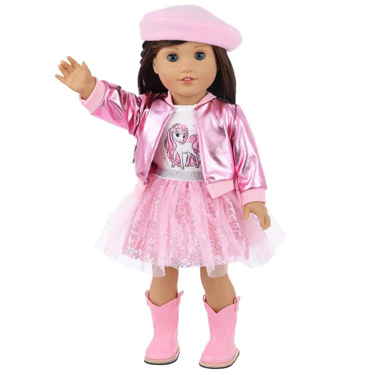 16-18 英寸婴儿娃娃粉色夹克服装套装，多件套春秋公主裙套装，包括夹克、薄纱裙、上衣、帽子 - 彩色 - 查看 7