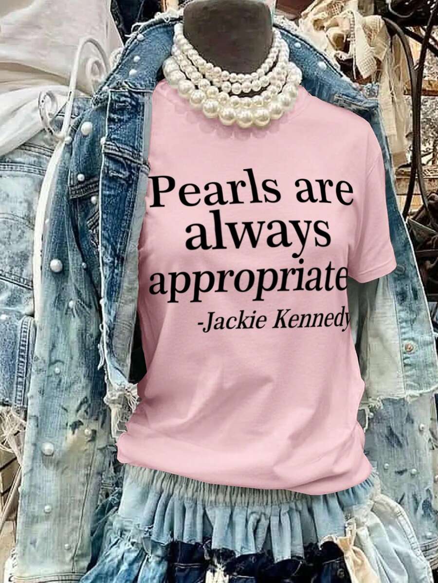 女士夏季字母标语印花休闲宽松圆领短袖T恤上衣 女式夏季服装 粉色 - 粉色 - 查看 1