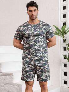 Men's Youth Pajama Set, Round Neck Short Sleeve Shorts, Loose Floral Casual Loungewear Suitable For Spring/Summer - Army Green - View 2