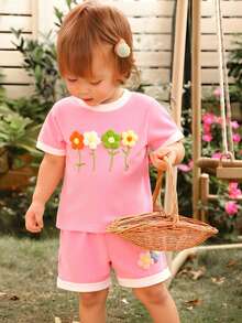Conjunto de 2 piezas de blusa de manga corta con flores de ganchillo rosa y shorts para niñas de 1 a 4 años, para verano - Rosa - Ver 11