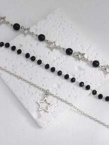 3 件套哥特式星形串珠项链套装，适合女士，不锈钢链条朋克 Y2K 颈链设计 - 銀色 - 查看 4