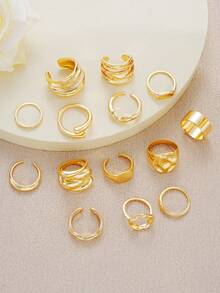 14 件/套厚几何不对称波浪液体纹理多层相交线金属风格粗戒指，时尚、简约、优雅、复古，适合节日、派对、日常佩戴、礼物 - 金黃色 - 查看 5