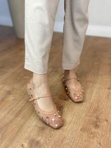 ANGELA GALVÃO Autumn Winter Slipper Shoes Transparent Mesh With Golden Embellishments Elegant Comfortable - 臉紅 - 查看 4