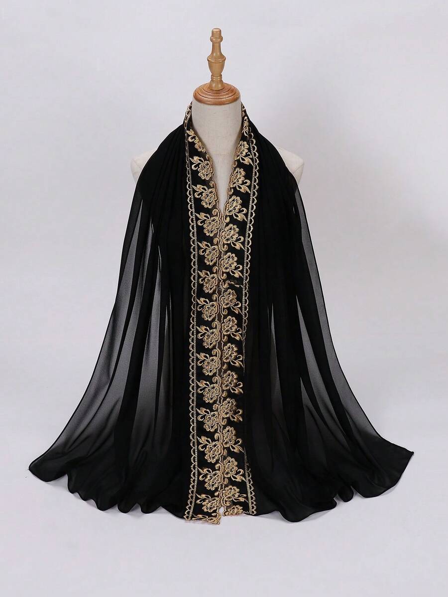 1 pieza Accesorio de velo de mujer con abaya de patchwork de encaje bordado de gasa - Negro - Ver 1