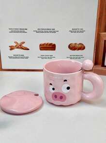 1pc 350ml Cartoon Pig Ceramic Coffee Cup With Lid & Spoon, Handlebar Mug, Pink Milk Cup With Pattern, Suitable For Birthday & Couples, High-Quality And Meaningful Gift