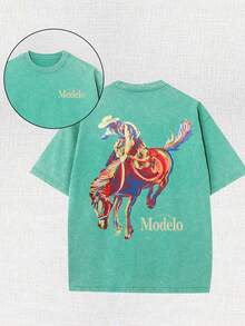 Western Cowboy Riding Printed Batik Washed T-Shirt, Simple And Versatile. - Cỏ xanh - Xem 1