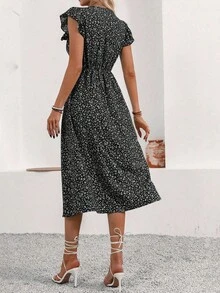 Women's V Neck Boho Floral Midi Dress Ladies Summer Vacation Front Button Down Ruffle Petal Short Sleeve Holiday Garden Beach Frill Split Swing Sundress Tea Dresses - Black - View 4