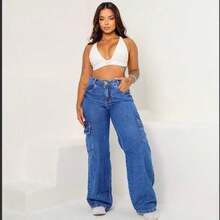 Women's Wide Leg Cargo Jeans High Waist - 藍色 - 查看 4