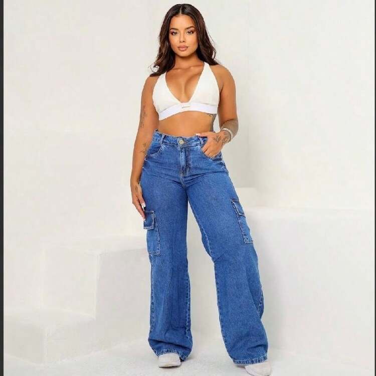 Women's Wide Leg Cargo Jeans High Waist - 藍色 - 查看 4