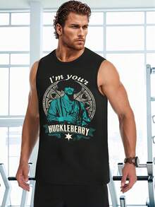 Stylish Men's Tank Top With Unique Huckleberry Finn Personalized Print Vest, Perfect For Casual Summer Wear, Ideal For Fans Of Classic Literature And Is A Great Gift Choice - 黑色 - 查看 2
