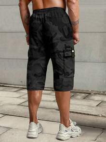[Spring & Summer] Men's Casual Cargo 3/4 Pants, Summer Drawstring Waist Big Pocket Letter Patch Sporty Pants - Black and White - View 3