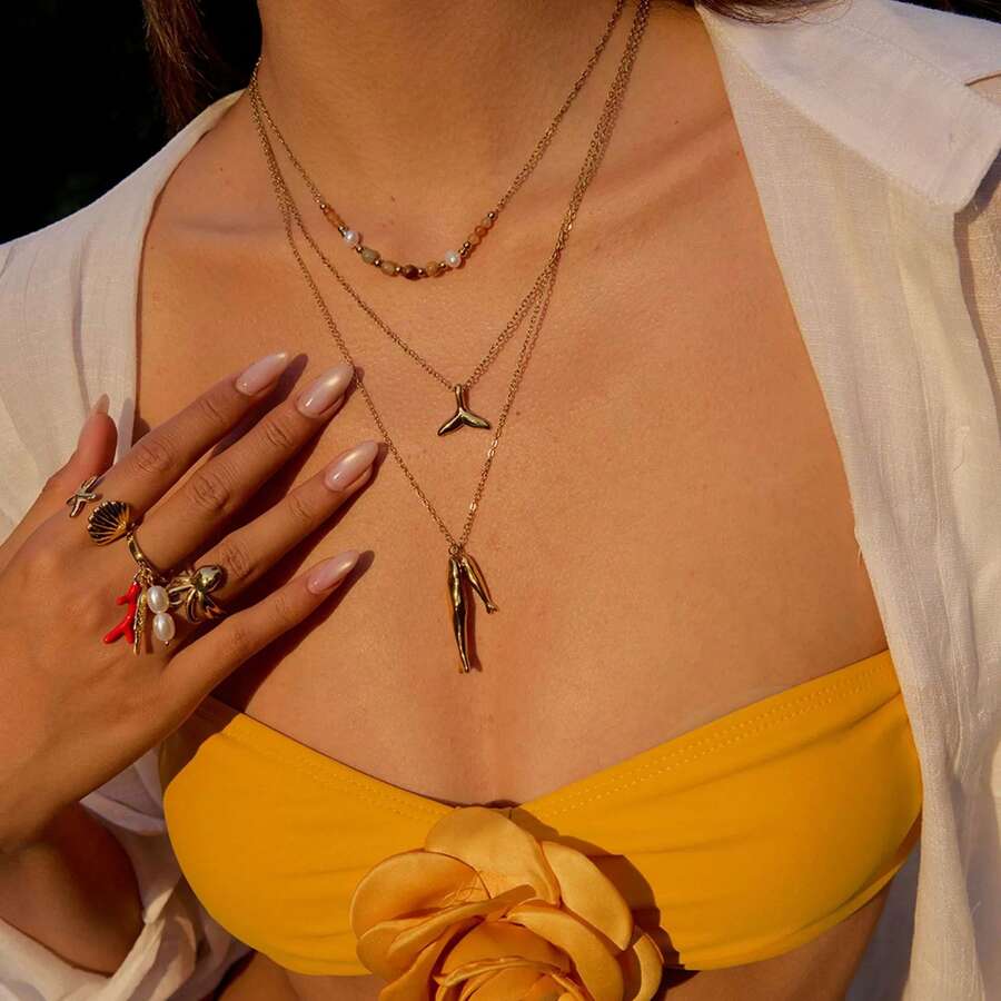 S SHOPBOHO 1pc Minimal Bohemian Accessories Ocean-Inspired Summer Jewelry Layered Necklace Fish Pendant Necklace Double Layer Mermaid Tail Beaded Chain Necklace - Boho - View 1