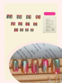 24pcs Colorful Cat Eye Nail Stickers, Medium Square, Gradient Blurred Minimalist Design, Full Coverage False Nails, Suitable For Women And Girls Daily Wear Nail Supplies - Multicolor - View 2