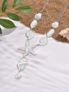 1 件不对称 Y 形贝壳和海星装饰金属项链，度假风格