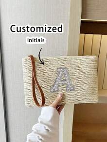 女士个性化手拿包，可定制姓名，个性化草编钱包，草编钱包，女士拉链手提包 - 优雅条纹卡其色手机袋，生日、周年纪念日、母亲节和感恩节的完美礼物