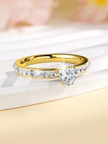 1 anel moderno, minimalista, elegante e brilhante de aço inoxidável com zircônia cúbica, adequado para combinar com roupas do dia a dia, festas, acessórios casuais, joias de alta qualidade, presente para feriados - Em forma de coração - Ver 11