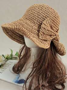 1pc Versatile Foldable Straw Hat, Women Summer Outdoor Sun Protection Hat, Korean Style Vacation Beach Hat, Fashionable - Khaki - View 11