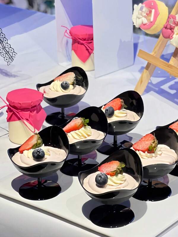 Tazas de postre negras/blancas, tazas para helado, tarros para mousses, tarros para pudines, tazas de postre de plástico reutilizable con forma especial, adecuadas para tiendas de postres, fiestas de cumpleaños, bodas y cafeterías