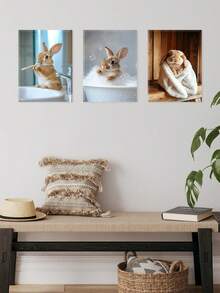 Set Of 3 Cute Rabbit Poster, Bathroom Fun Modern Artwork, Bubble Bath Canvas Print Wall Arts, Cozy Towel Posters, Mirror Reflection Wall Decor, Playful Pet Wall Arts, Poster, Room Aesthetic, Ideal Gift, Optional Framed ,Wall Art With Frame