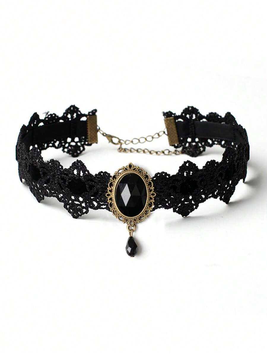 Gothic Style Black Lace Choker With Rhinestone Inlaid For Women, Vintage Charm Fashion Accessory For Halloween