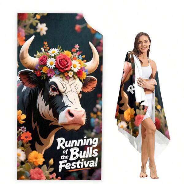 1 peça, toalha de praia macia e confortável, guirlanda de festival de touro espanhol, presente simples e digno, sem areia, secagem rápida, leve e conveniente, ótimo presente para família, colegas de classe, amigos, impressão digital de alta definição, versátil e aplicável para todas as estações, piqueniques, acampamentos, academias, cobertor de presente especial