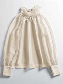 女士高领宽松纯色长袖灯笼袖优雅上衣，春秋季休闲款 - 杏色 - 查看 3