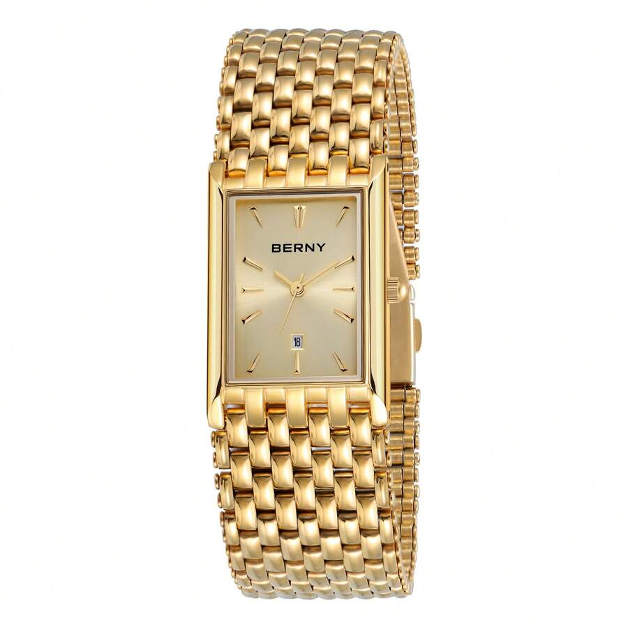 BERNY Men's Golden Stainless Steel Business Quartz Watch-Square Dial With Date Indicator,30M Water-Resistant,Luxurious & Minimalist,Ideal For Business & Casual Occasions - 金色 - 查看 1