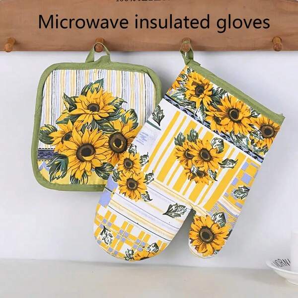 2 piezas Guantes de cocina con diseño de almohadilla acogedora y estampado de girasol - Tela duradera, lavar a mano únicamente para cocinar, hornear, jardinería y actividades al aire libre