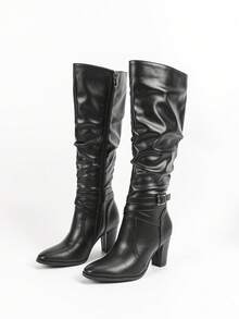Women's Knee High Chunky Heel Boots, Leather Long Black Boots Pointed Toe, Side Zip Sexy Boots For Winter Fall - 黑色 - 查看 7