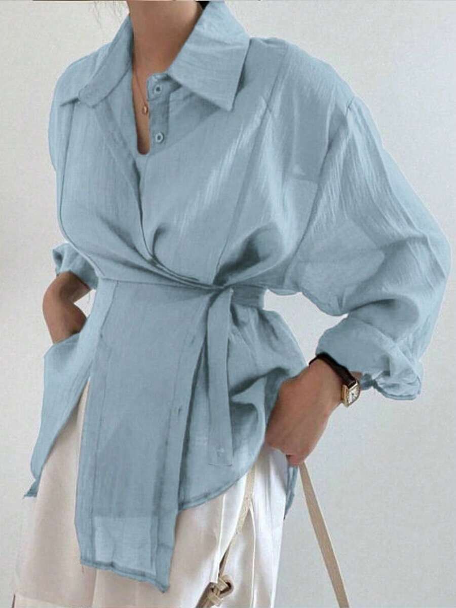 Women's Casual Minimalist Solid Color Off-Shoulder Loose Wrap Tie Front Shirt, Suitable For Spring And Autumn - Light Blue - View 1