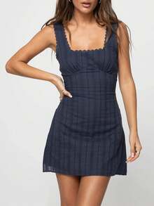 Womens Summer Tank Dress Sleeveless Square Neck Lace Trim Solid Color A-Line Dress Short Mini Dress - 藏蓝色 - 查看 2