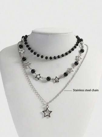 3pcs/Set Gothic Style Star Beaded Necklace Set For Women, Stainless Steel Chain Punk Y2K Choker Necklace Design