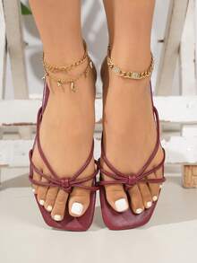 Sandalias con tira de cristal para adolescentes, Sandalias de moda para mujeres, Pantuflas planas francesas respirables con puntera abierta para uso al aire libre - Rojo violeta - Ver 4