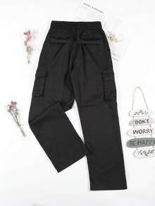 Vaqueros oscuros de mujer, estilo de cintura alta y pierna ancha con bolsillos tácticos, ideales para salidas diarias, compras, viajes y moda casual - Negro - Ver 2