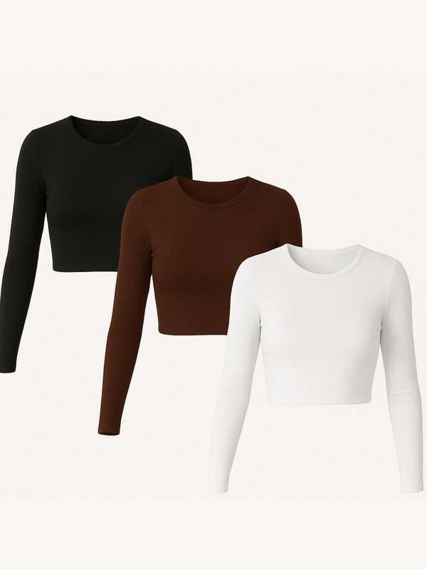 kit 3 cropped manga longa basico suplex casual feminino inverno