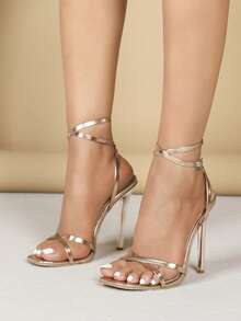 女士时尚高跟鞋:麂皮豹纹拖鞋凉鞋、裸色系带凉鞋、简约方头凉鞋、黑色漆皮高跟凉鞋、细跟高跟凉鞋、夏季户外及常规凉鞋、杏色凉鞋 - 玫瑰金 - 查看 3